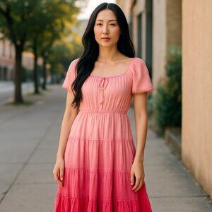 NWT  Tie Dye Tired Midi Puff Sleeve Cotton Dress